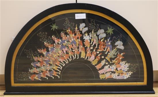 A Thai painted fan leaf, framed W.78.5cm